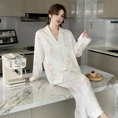 Frühlings- und Herbstpyjama für Damen mit Blumendruck, neue Heimkleidung, langärmeliger Anzug aus Eisseide, luxuriöse Heimkleidung