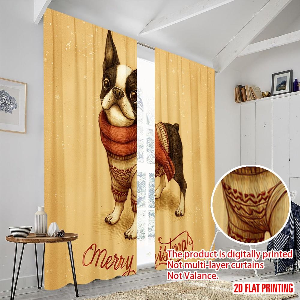 2pcs,2D Plane Printing Creative Curtains Boston Terrier and Reindeer Deer Versatile Polyester Fabric (without Rod) Decorations