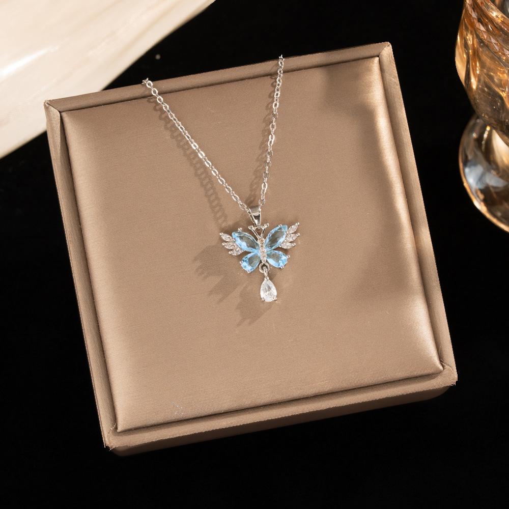 Blue Crystal Zircon Tassel Butterfly Choker Necklace Translucent Versatile Delicate Fresh Fairy