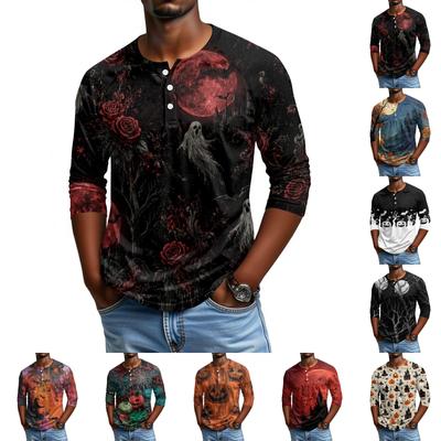 Men Casual Halloween Print Henley Shirt Raglan Three Quarter Sleeve Top Lightweight Comfortable Fabric