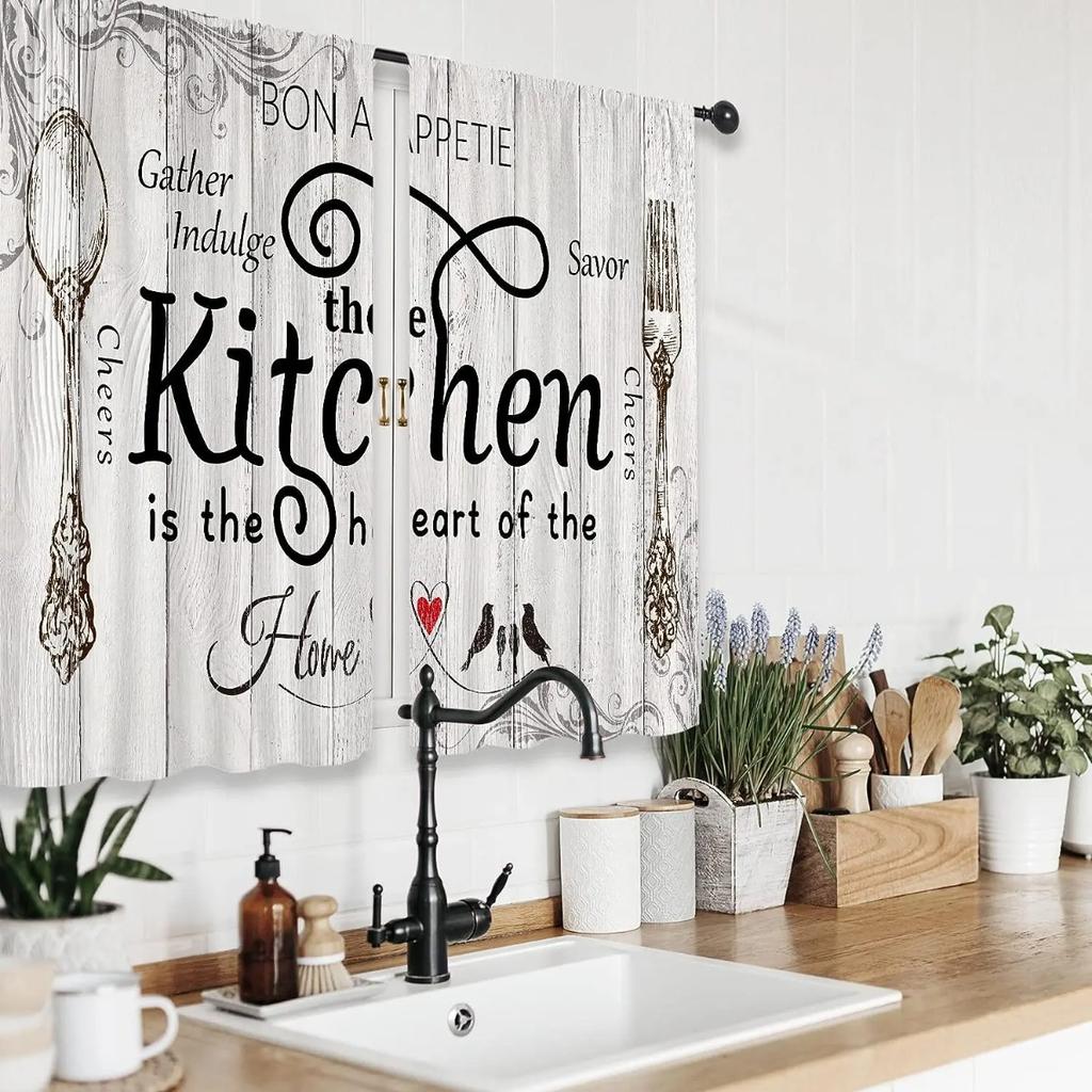 Retro Creative Print Curtain Kitchen Dining Room Living Decoration Set Of 2 Made Polyester With Rod Pocket Washable Sitting Ready