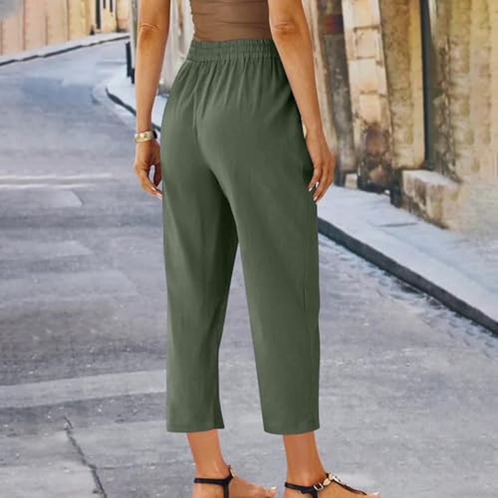 Women's Cropped Pants With Waist Drawstring, Summer Casual Cropped Pants Cotton Cropped Pants