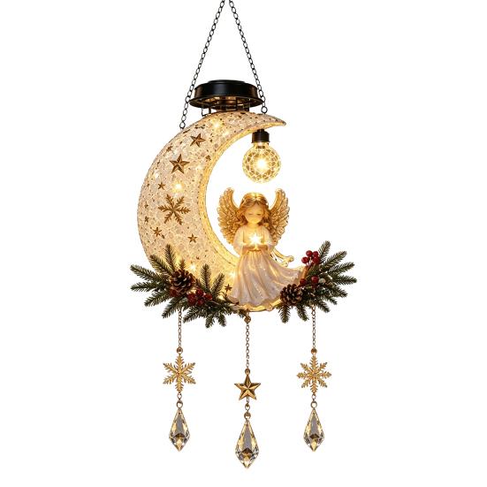 Garden Patio Yard Decoration Solar Angel Moon Light, Christmas Hanging Lantern with Warm Glow, Resin Light Outdoor for Porch Tree, Faux Crystal
