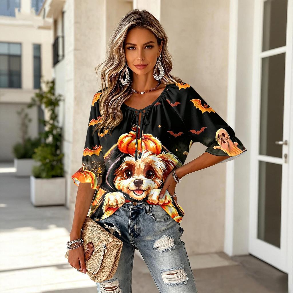 Women's Halloween Print Three-Quarter Sleeve Round Neck Blouse with Tie Front and Ruffle Hem