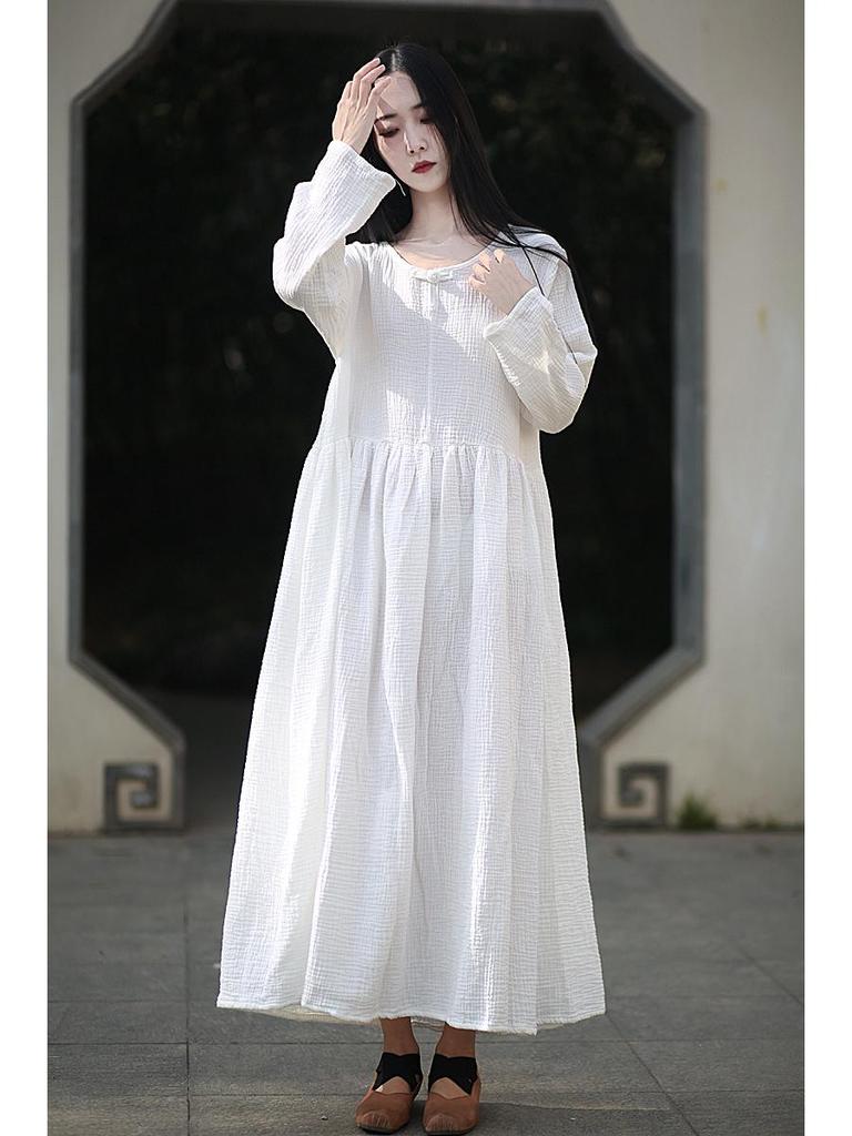 Women's Double-Layer Cotton and Linen Retro Long Dress - Cool, Gentle Style, Available In 4 Colors