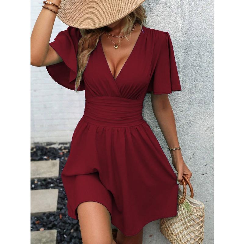 QICED Fashion Summer Spring Solid Color Print V-Neck Short Sleeve Casual Dresses