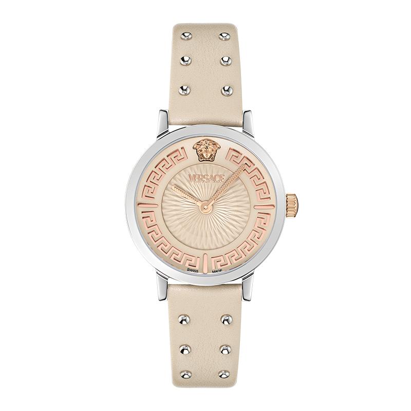 Versace Quartz Watch 35mm Beige Dial Leather Strap Gift Set With Perfume And Red Envelope Women Watches Pink VE0A00125
