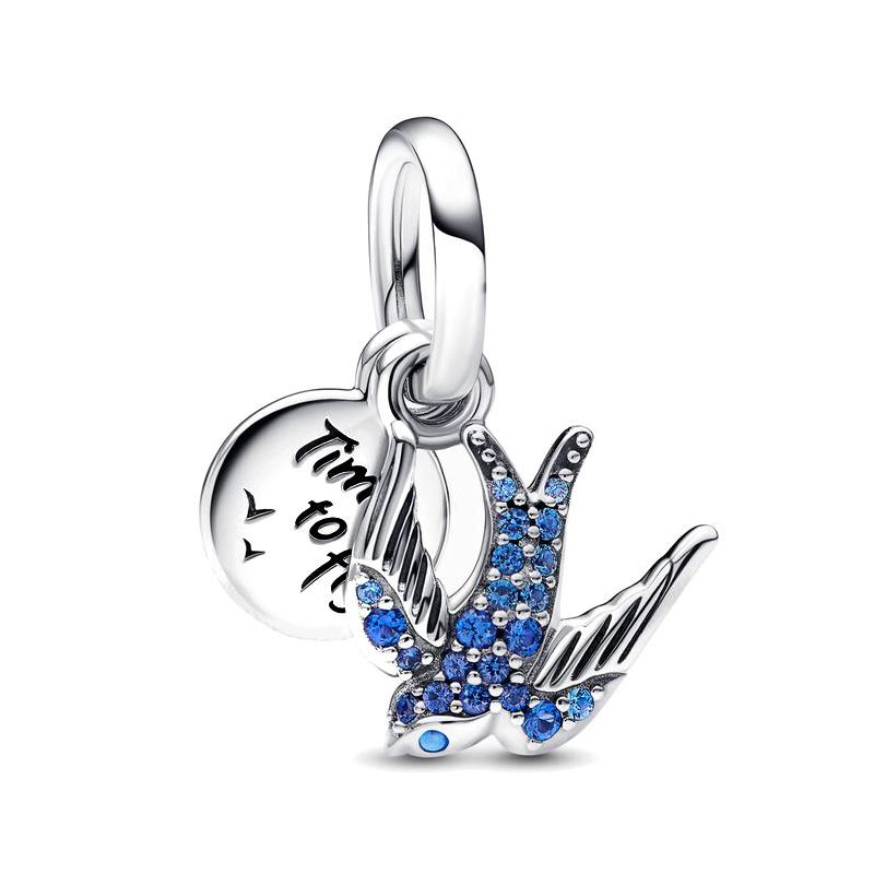 925 Silver Bangle Bracelet with Blue Zircon Beads and Flying Swallow Dangle Pendants Jewelry