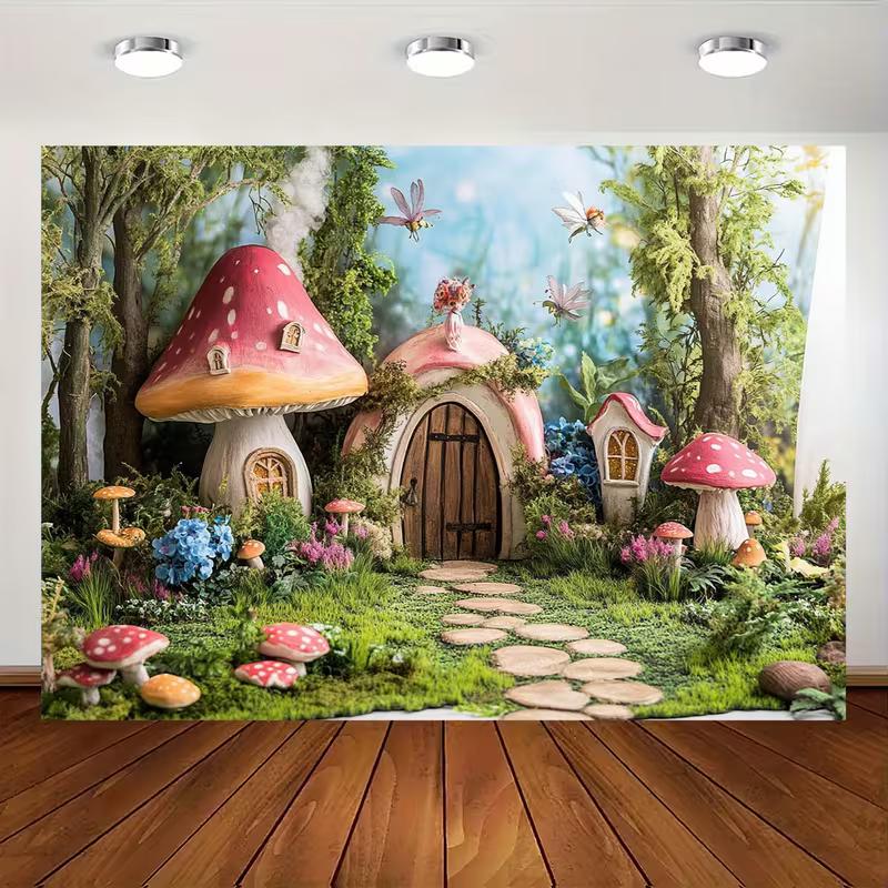 2D Verzauberter Wald Wandteppich, Magisches Pilzhaus Wandbehang für Ästhetische Raumdekoration