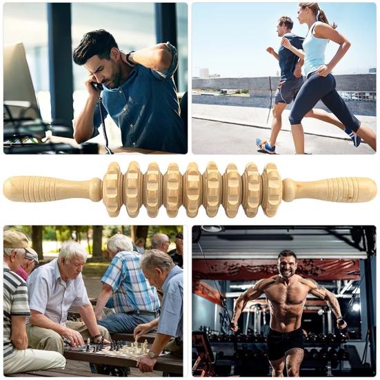 Skin-friendly Fascia Massager Anti-slip Handle Wood Grooved Gear Multifunctional Smooth Roller Massager for Home