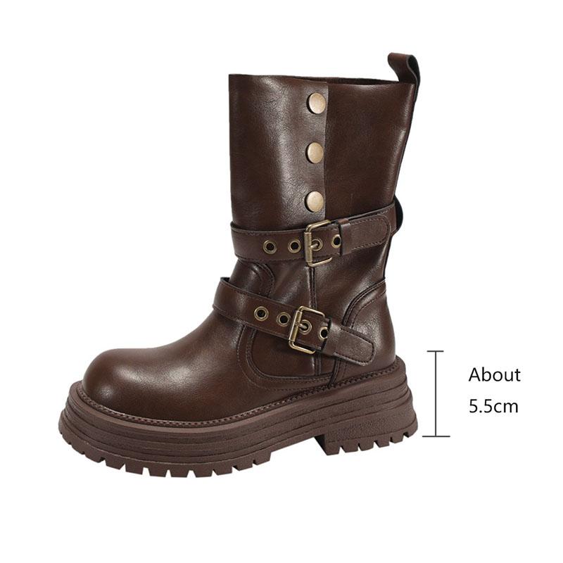 Mode Bruna Retro Klumpiga Klackar Tjock Sula Stövlar för Kvinna Nya Vår Höst Vintage Höjdökande Mellanvadsstövlar Gotiska Damskor
