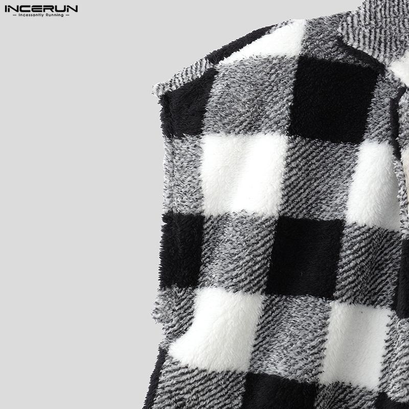 INCERUN Men Sleeveless Plaid Check Furry Casual Loose Cropped Waistcoat Vest