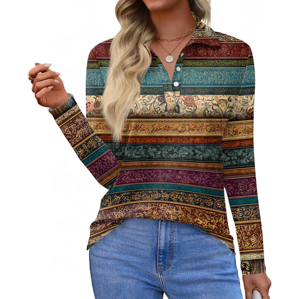 Damenmode Casual Revers Kurze Langarm Print Shirt Damen Button Up Tops