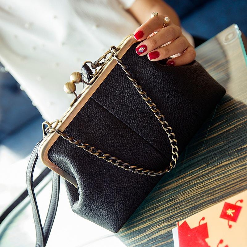 New Women's Bag Clip Mouth Shell Bag Autumn and Winter European Retro Hand-held Shoulder Bag PU Chain Bag