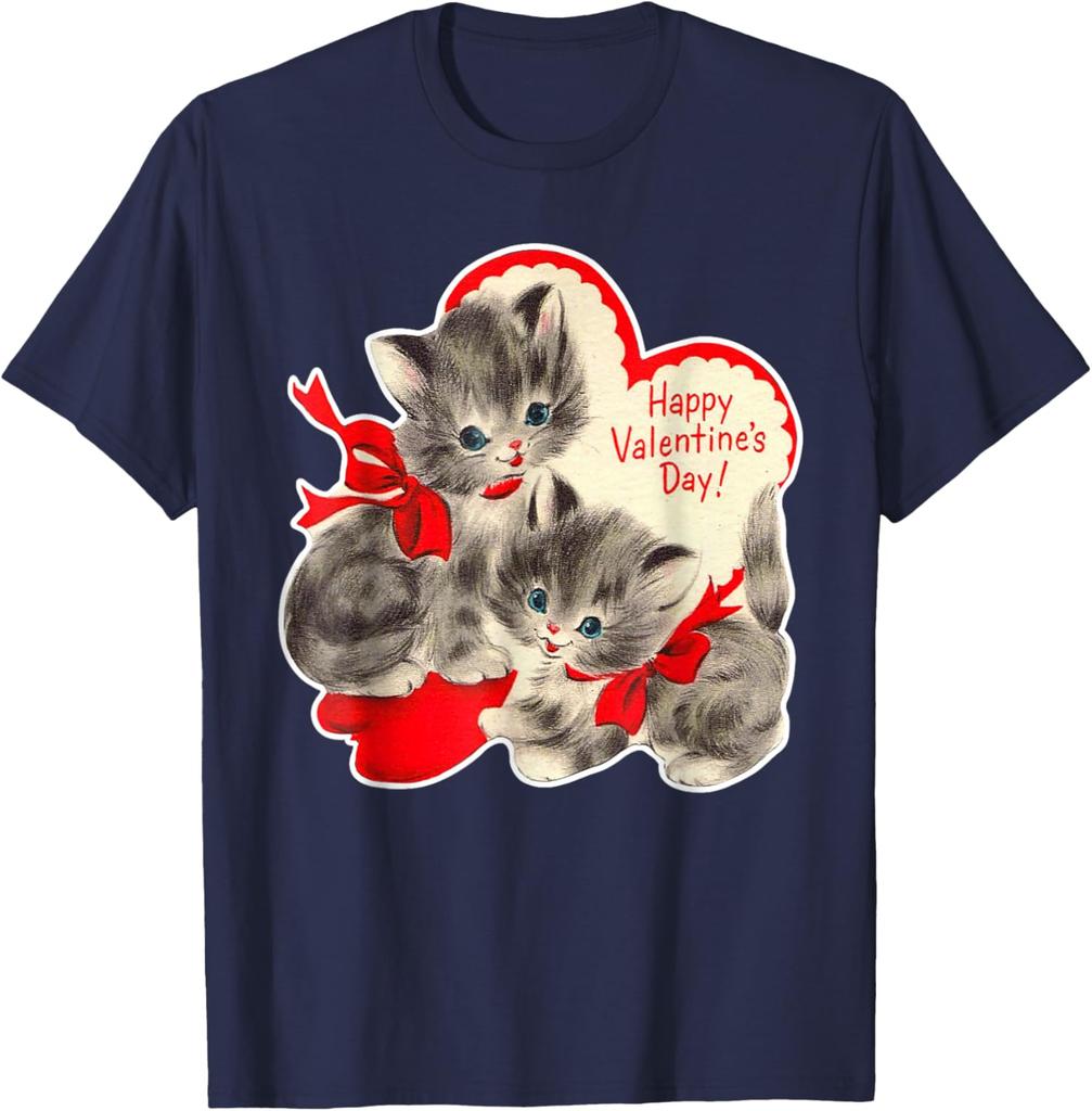 Vintage Kitten Valentine Graphic T-Shirt Retro Holiday Print Soft Cotton Casual Daily Tee