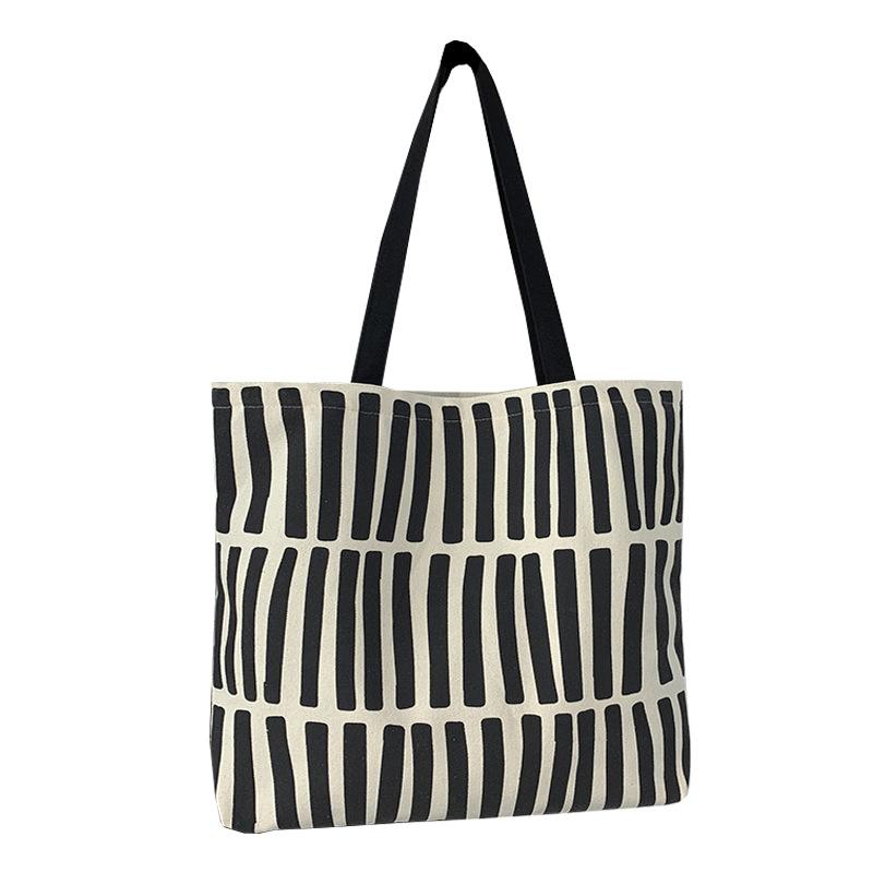 Striped Canvas Tote Bag Literary School Handbag Lightweight Shoulder Bag For Travelling Shopping