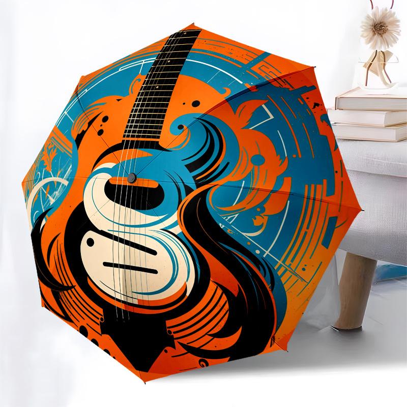 Abstract Guitar Art Print: Vibrant Orange & Blue DesignUmbrella, Portable 3-Fold Compact Umbrella for Men & Women Gift