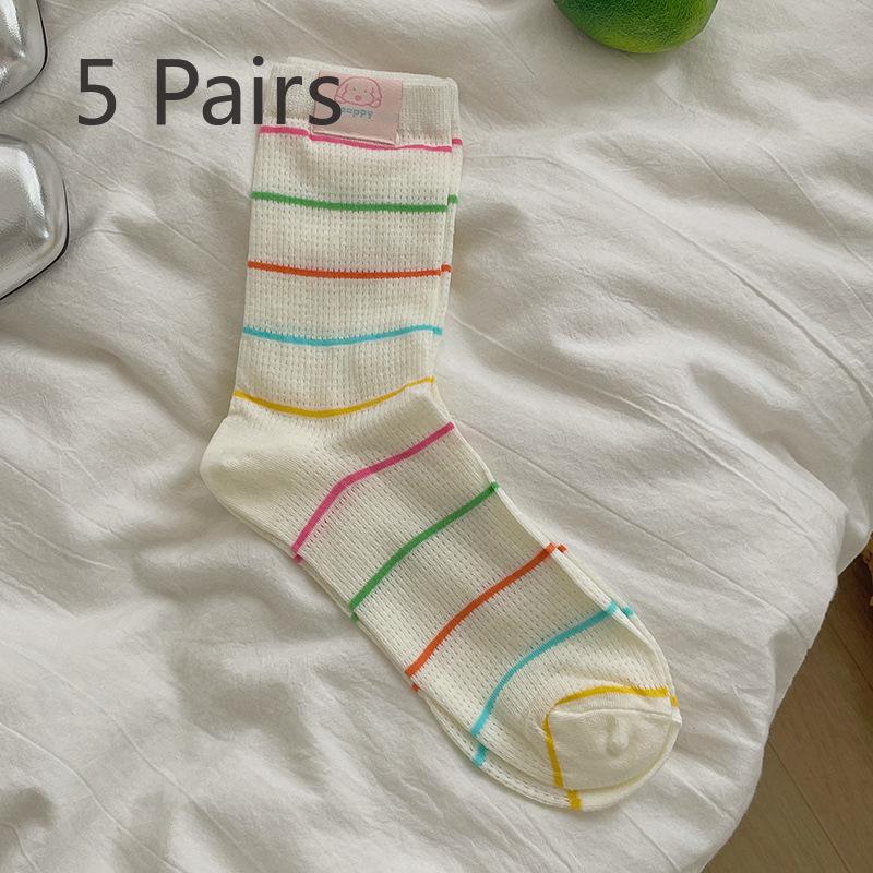 5 Pairs of Women's Summer Thin Lovely Polka Dot Mesh Breathable Tube Socks
