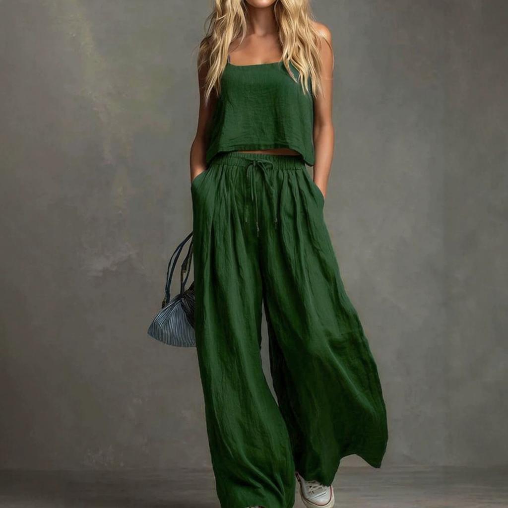 1116 European beautiful women's new solid color casual suspender top wide-leg pants set
