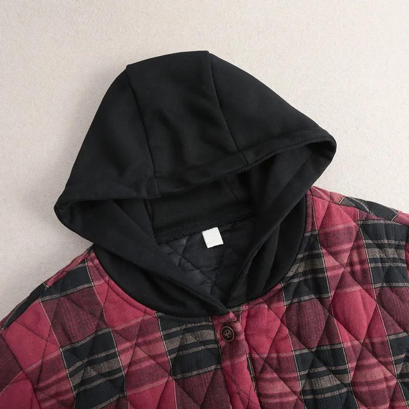 Women's Autumn and Winter Plus Cotton Warm Hooded Cotton-Jacket - Casual Plaid Loose Single-Breasted Coat