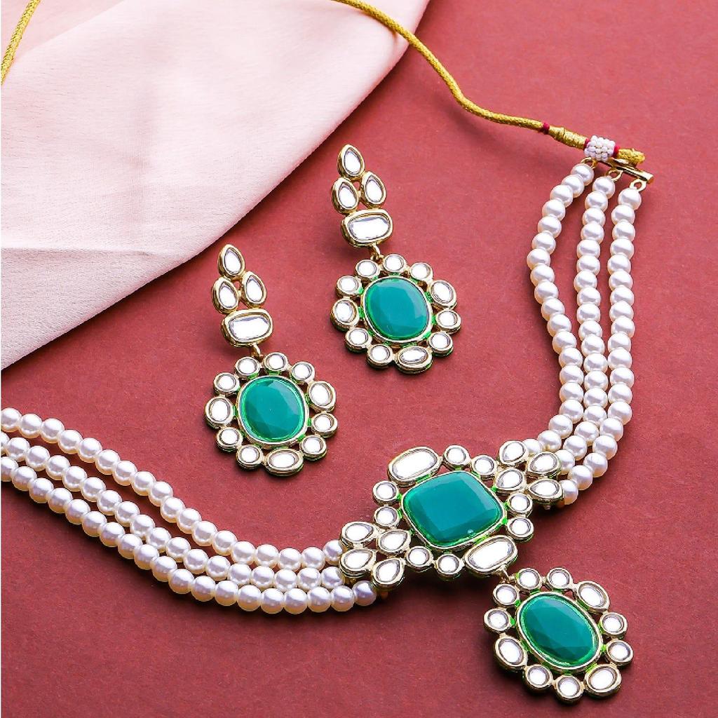 Estele – Atemberaubendes Halsketten-Set mit Smaragd- und Kundan-Perlen für Damen