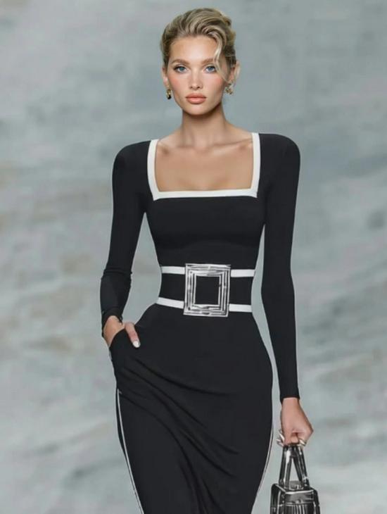 Elegant Black and White Striped Long Sleeve Fitted Dress XL чёрный