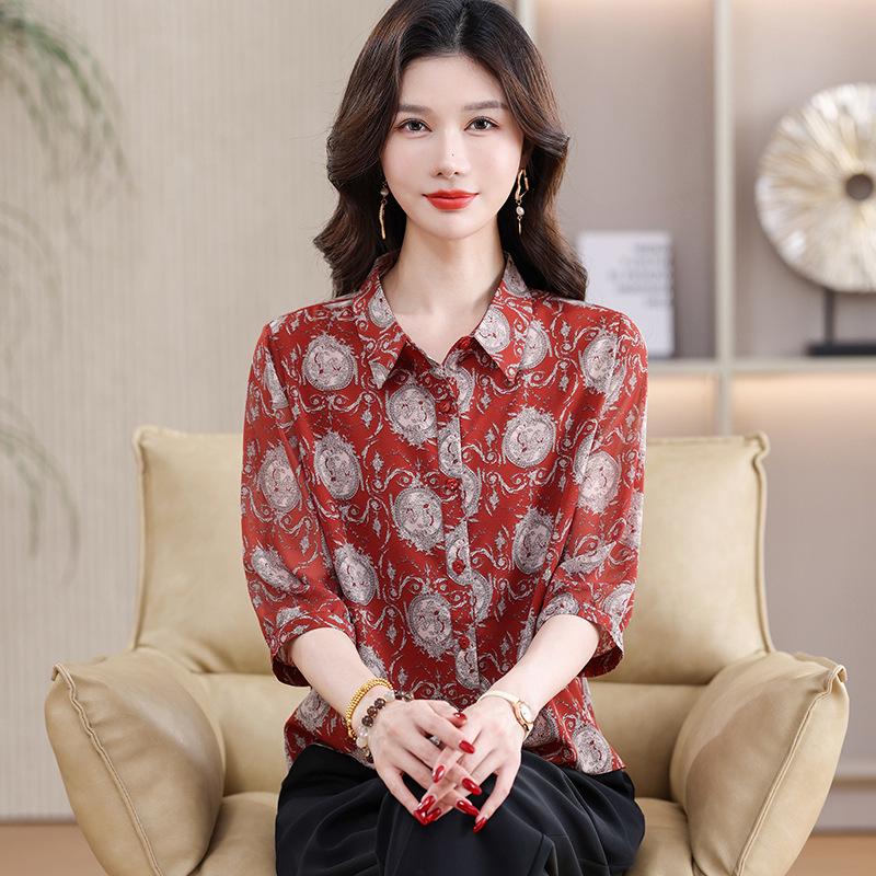 Elegant Summer Silk Print Women's Seven-Sleeve Top