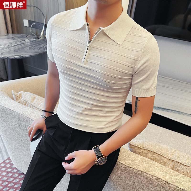 Hengyuanxiang Men s Striped Knit Polo Shirt 3XL