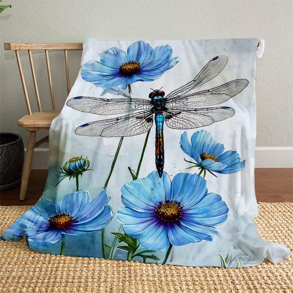 1PC Dragonfly FlowersOutdoor Flannel Blanket - Soft Plush Decor for Picnics, camping, Bedroom, Playroom, Office, or Lunch Break 1224A