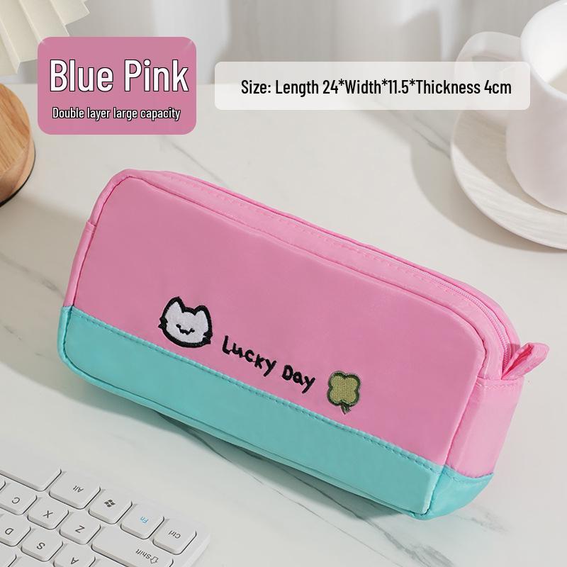 Large Capacity Color-Blocked Kitten & Clover Embroidery Pencil Case