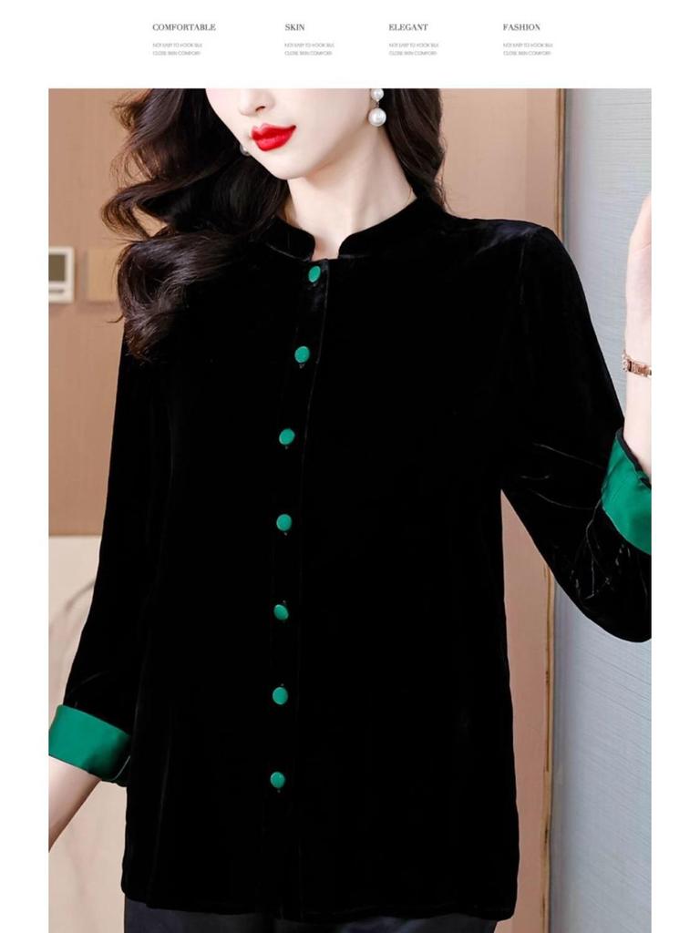 Damenmantel aus schwarzem Samt - Neuer chinesischer Stil Frühling/Herbst Lockerer Cardigan