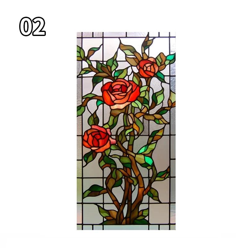 Art Rose Lotus Glass Film Church Stained Window Films Static Vintage Cling Waterproof Sun-proof Frosted Privacy Glass Stickers