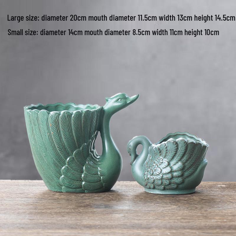 Vintage Green Swan Ceramic Flower Pot with Tray - Breathable Pottery for Orchids and Succulents