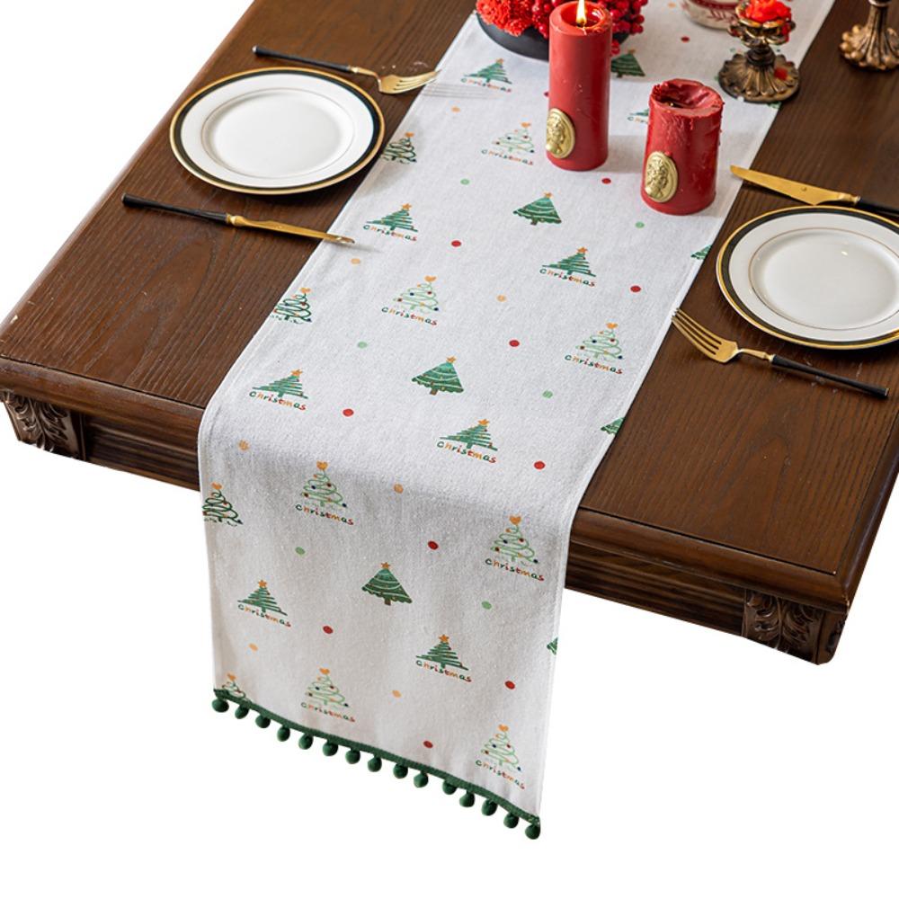 Festive Pine Tree Table Runner Holiday Decor Printed Heatproof Faux Linen Dining Table Cover