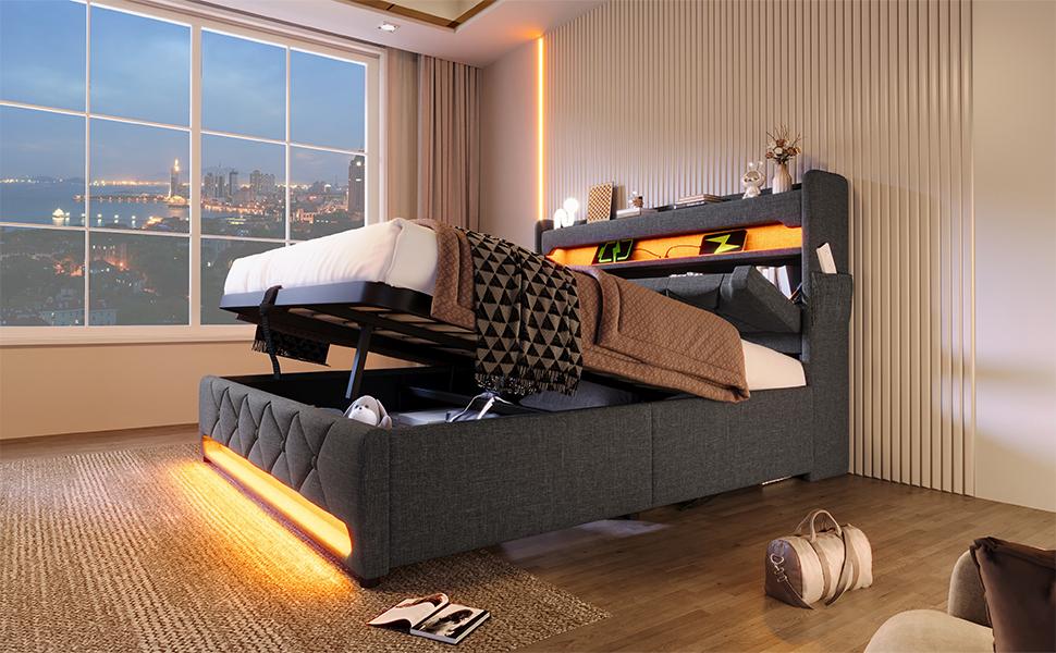 Upholstered Bed 140*190, Storage Headboard, USB Type C Port, 360 Surround LED Around Head and Foot End, Hydraulic Storage, Grey, Linen(No Mattress)