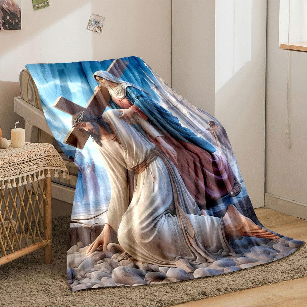 Jesus Carrying Cross Mary Comforting Blanket Printed Blanket for Living Room Bed Couch lunch break Soft Cozy Blanket for Friend's festival Gift