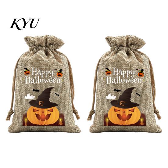 Lightweight Candy Carriers 2Pcs Halloween Pumpkin Drawstring Bags for Treats, Retro Burlap Pattern Party Favors Trick or Treat Bags, Portable