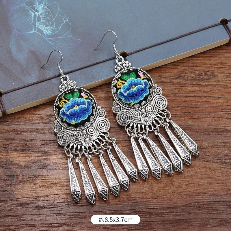 Vintage embroidery earrings hairpin classical temperament Miao peacock flower fringed earrings hair accessories set women