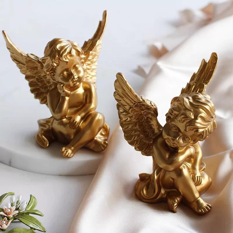 Set of 2 Resin Cherub Angel Figurines – Gold & White Angel Statues for Home and Garden Decor Gold