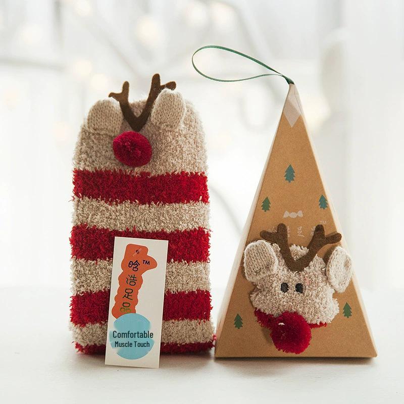 Japanese Christmas Cartoon Socks: Cozy Coral Fleece with 3D Embroidery for Women