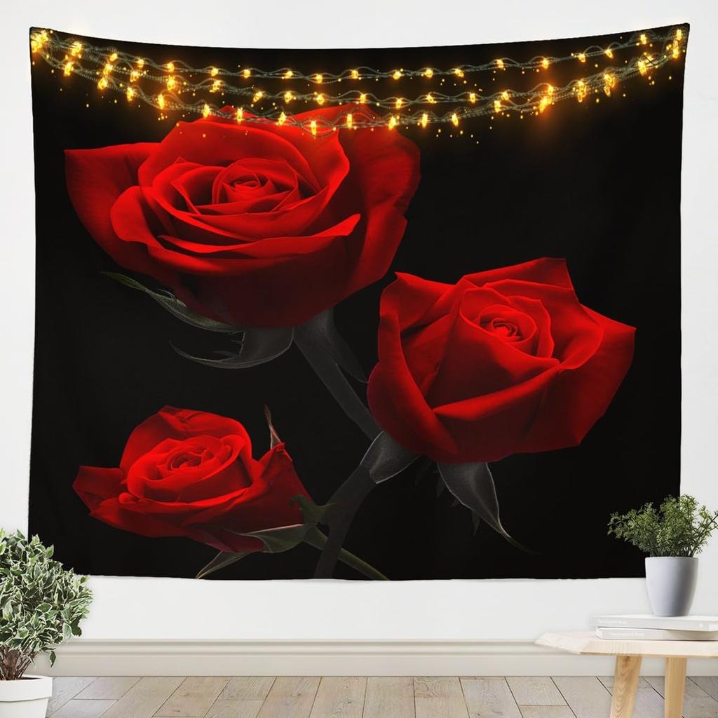 Romantic Dark Red Rose Tapestry,Moody Floral Wall Art with Vivid Red Roses & Dark Leaves,for Bedroom,Aesthetic & Cozy Home Decor