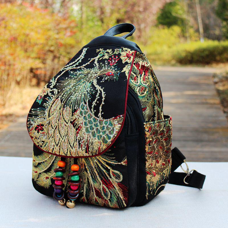 Ethnic Embroidered Women's Backpack with Sequins and Phoenix Peony Design