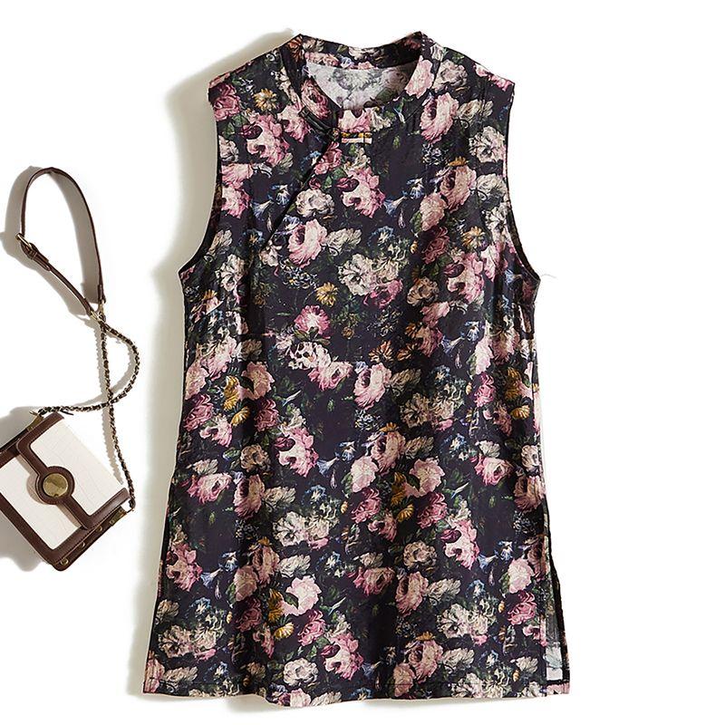 

South korea Orders, Top Goods! Women Small Stand Collar Ink Color Plate Buckle Poplin Silk Long Skirt Vest Summer Long t shirt Color L