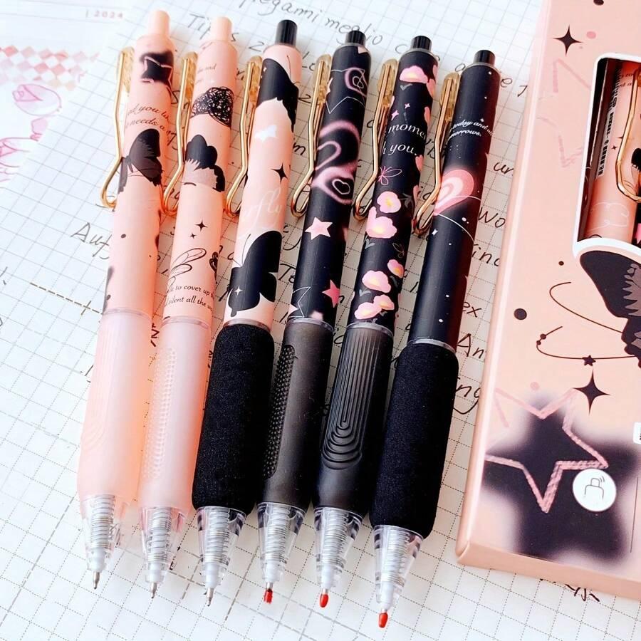 6pcs Butterfly Gel Pen Set 0.5mm Black Ink Flower Rose Sweet Ballpoint Pens for Writing Student School Supplies