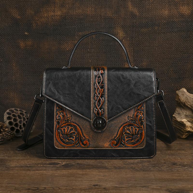

Johnature Retro Handbag Handmade Exquisite Embossed Women s Leather Bag Versatile Large Capacity Shoulder Bags чёрный