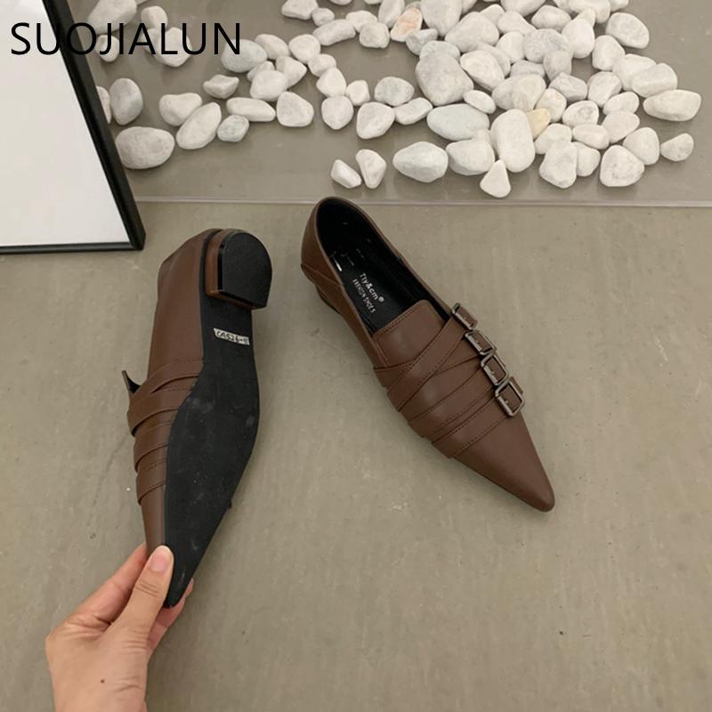 Fashion SUOJIALUN 2025 Autumn Ladies Women Flat Shoes Fashion Brand Buckle Women Elegant Laofer Shoes Flat Heel Slip On Dress Ballerinas