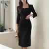 ZANZEA Women Square Collar Casual 3/4 Sleeve Slim Sheath Dress