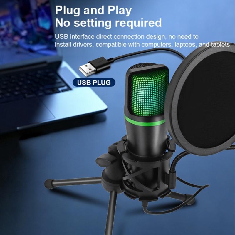 Portable USB RGBs Computer Microphones with Gains Control and Shock Absorption for Travel Bloggers Gamers and Streamers