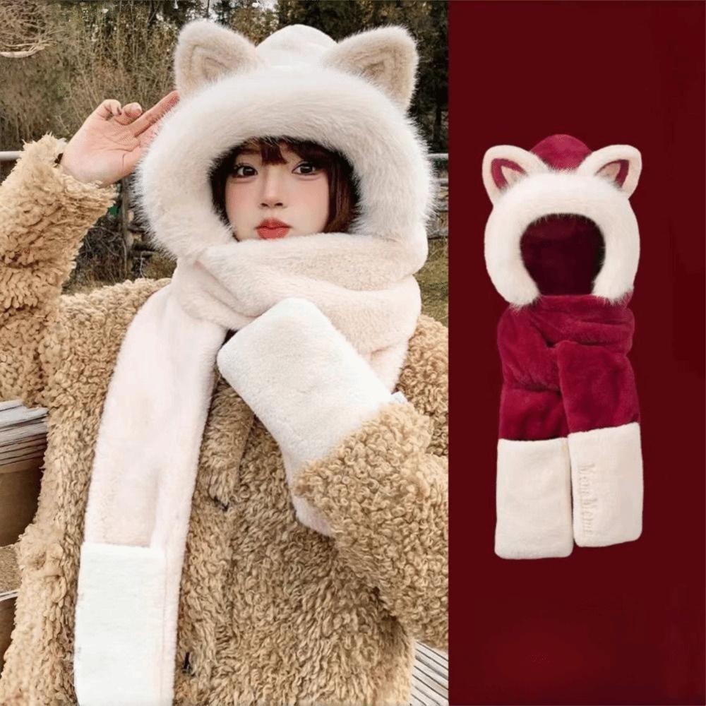 Keep Warm Hat Scarf Gloves Set Plush Integrated Cap Scarf New Women Beanies Cap Cycling