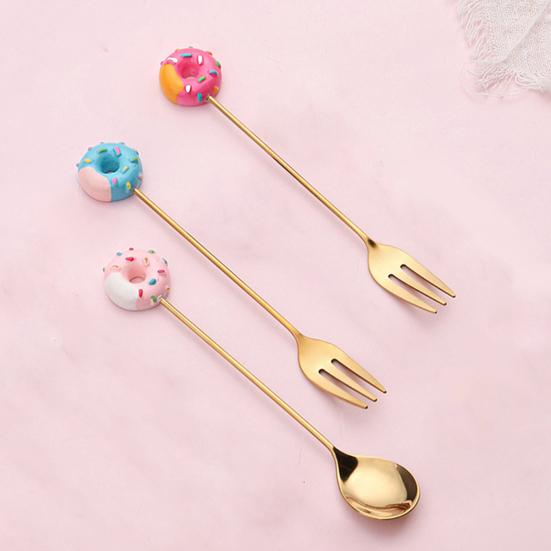 Cute Stainless Kid Spoon Steel Cartoon Design Fork Donut Coffee Dessert Tool